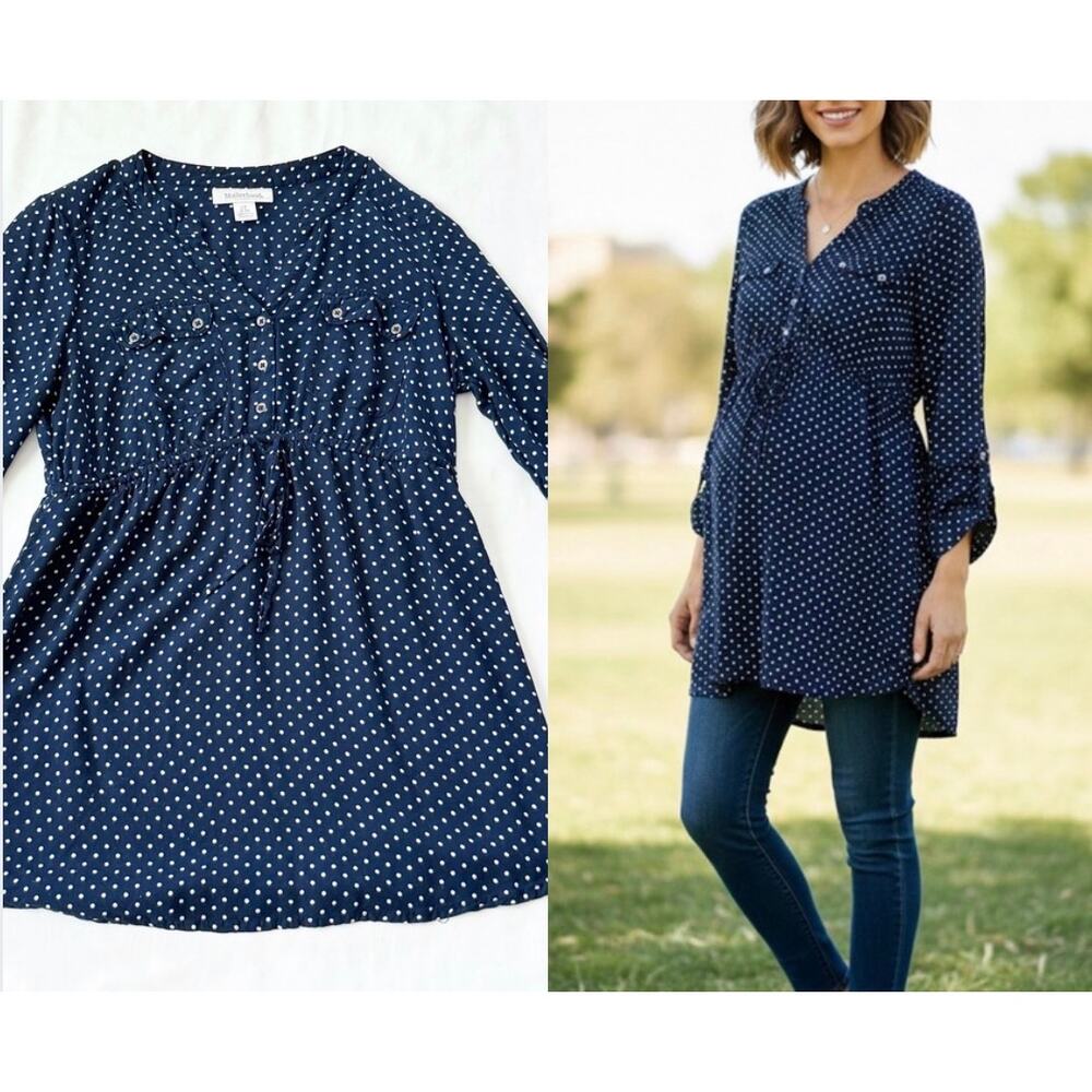Motherhood Maternity Navy Polka Dot Roll Tab Sleeve Tunic Small